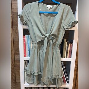Stylish Sage Tie-Front Dress with Ruffles